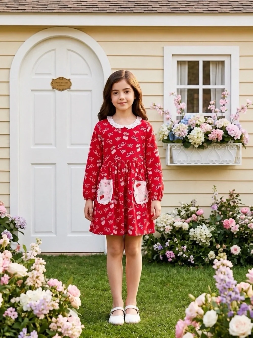 Girls' SweetHoney Red Long-Sleeve Strawberry Dress Set with Shorts Size 10 EUC